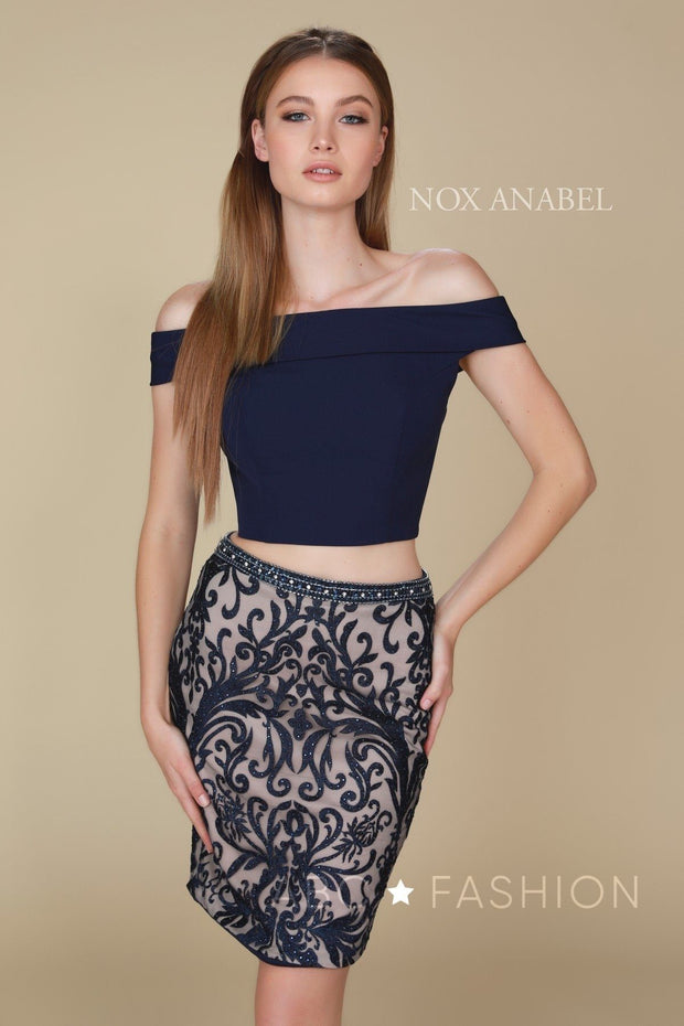 Short Two-Piece Dress with Embroidered Skirt by Nox Anabel E664-Short Cocktail Dresses-ABC Fashion