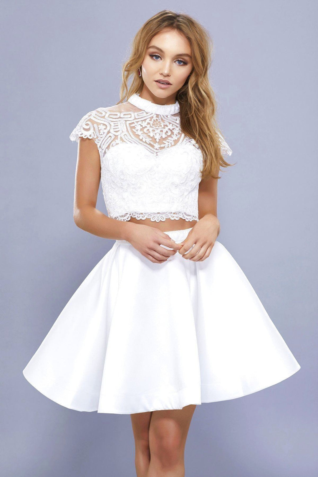 Short Two Piece Dress with Embroidered Top by Nox Anabel 6301-Short Cocktail Dresses-ABC Fashion