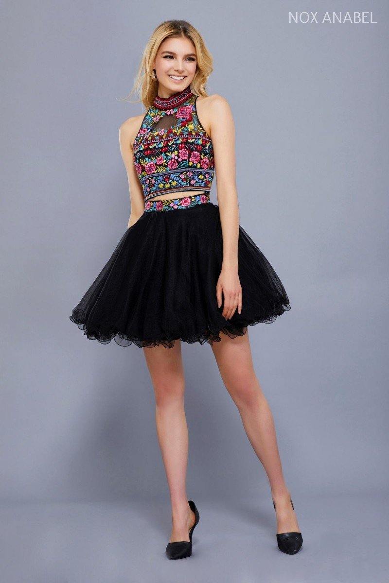 Short Two Piece Dress with Floral Embroidered Top by Nox Anabel 6272-Short Cocktail Dresses-ABC Fashion