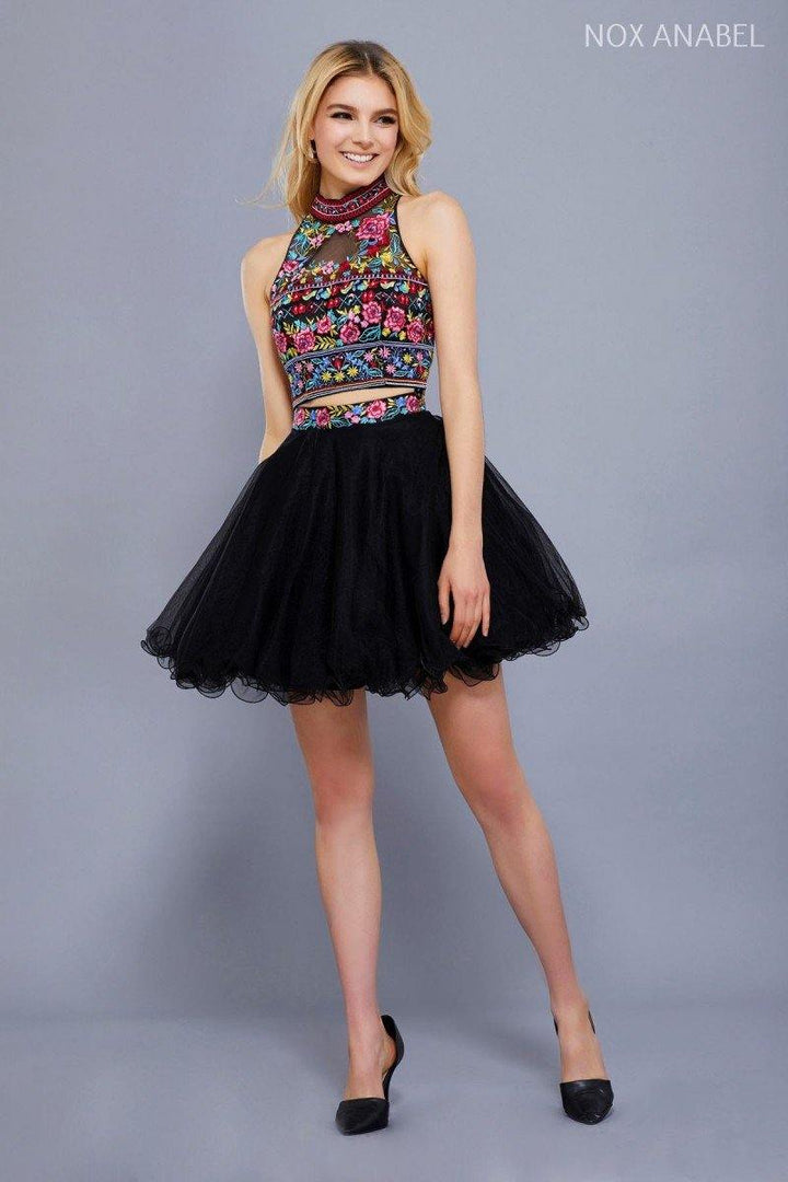 Short Two Piece Dress with Floral Embroidered Top by Nox Anabel 6272-Short Cocktail Dresses-ABC Fashion