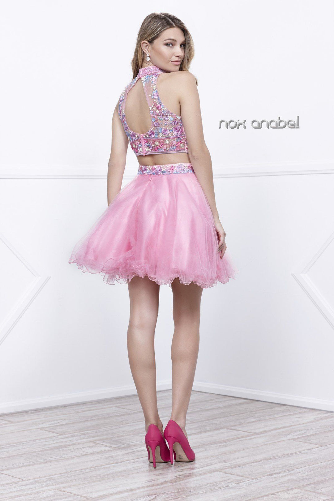 Short Two Piece Dress with Floral Embroidered Top by Nox Anabel 6272-Short Cocktail Dresses-ABC Fashion