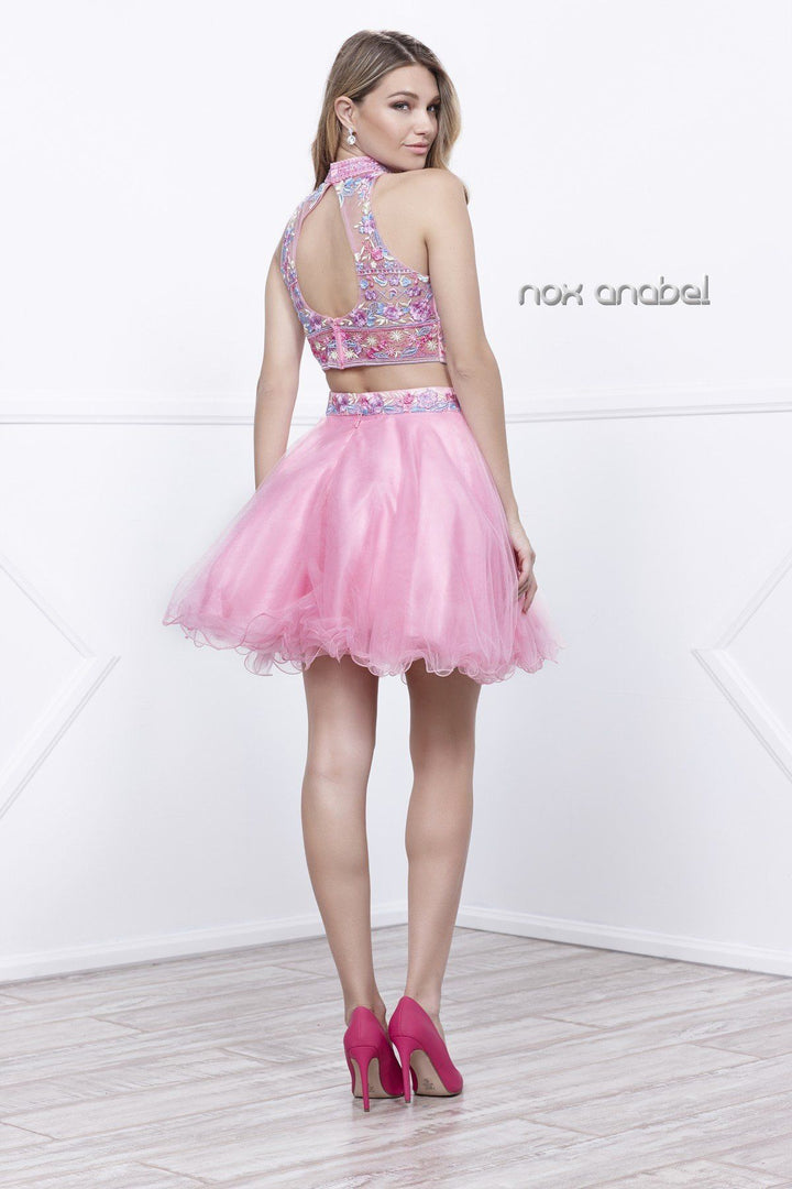 Short Two Piece Dress with Floral Embroidered Top by Nox Anabel 6272-Short Cocktail Dresses-ABC Fashion
