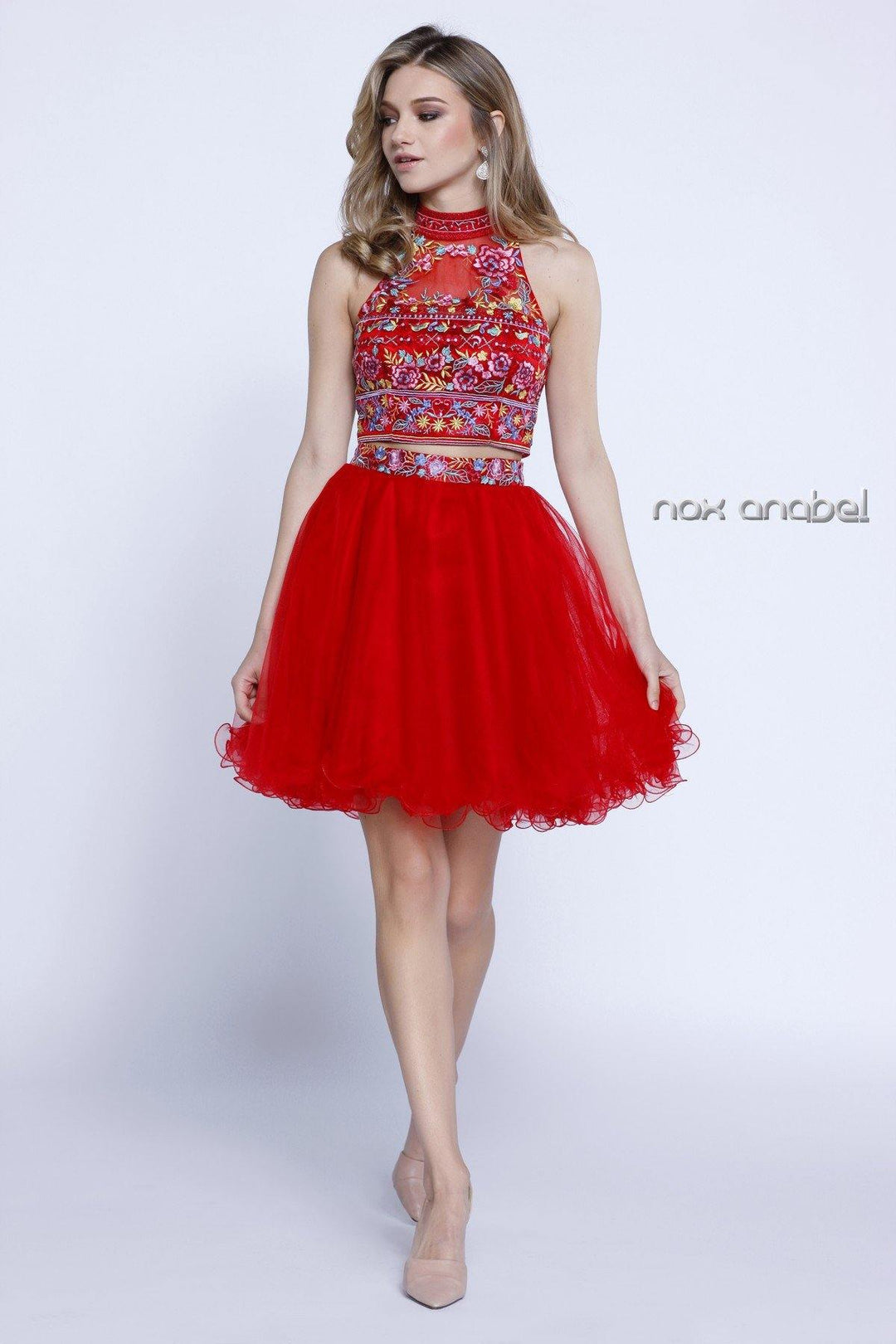 Short Two Piece Dress with Floral Embroidered Top by Nox Anabel 6272-Short Cocktail Dresses-ABC Fashion