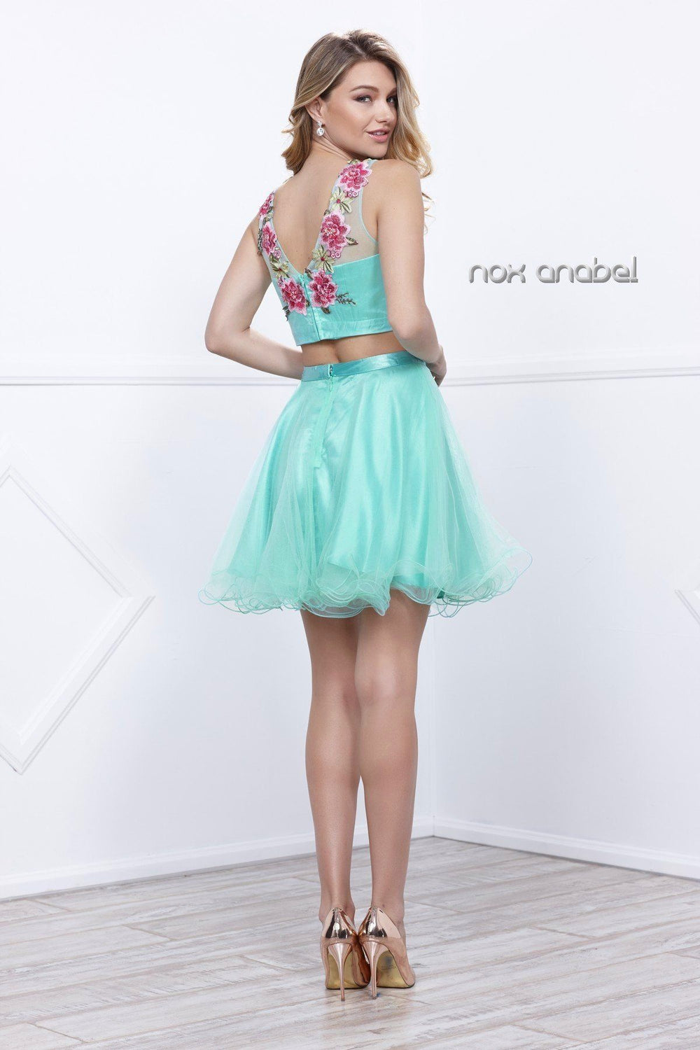 Short Two Piece Dress with Floral Top by Nox Anabel 6228-Short Cocktail Dresses-ABC Fashion