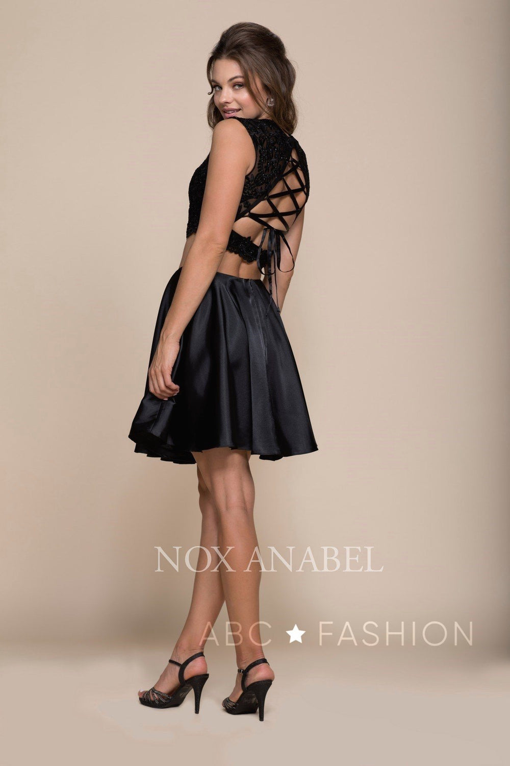 Short Two-Piece Dress with Lace Crop Top by Nox Anabel Q603-Short Cocktail Dresses-ABC Fashion