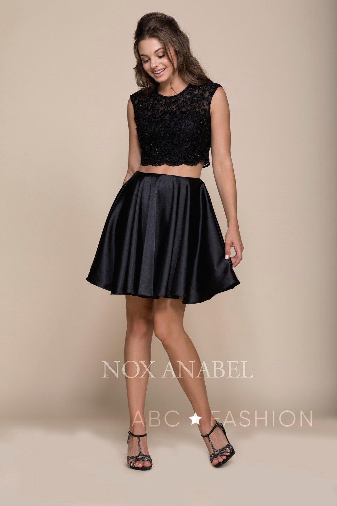 Short Two-Piece Dress with Lace Crop Top by Nox Anabel Q603-Short Cocktail Dresses-ABC Fashion