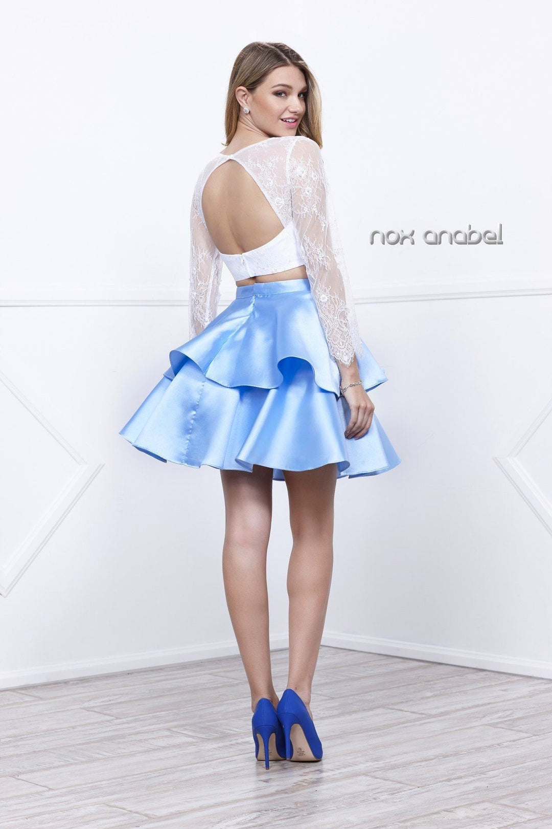 Short Two Piece Dress with Lace Top by Nox Anabel 6290-Short Cocktail Dresses-ABC Fashion