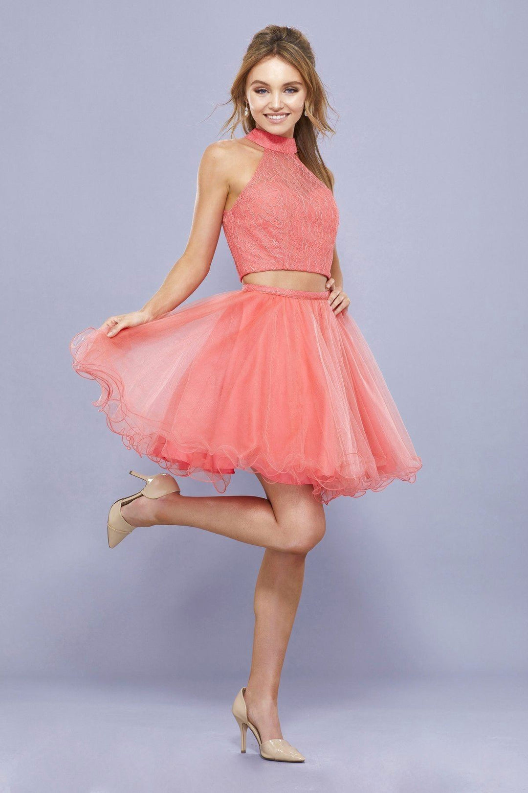 Short Two Piece Dress with Lace Top by Nox Anabel 6354-Short Cocktail Dresses-ABC Fashion