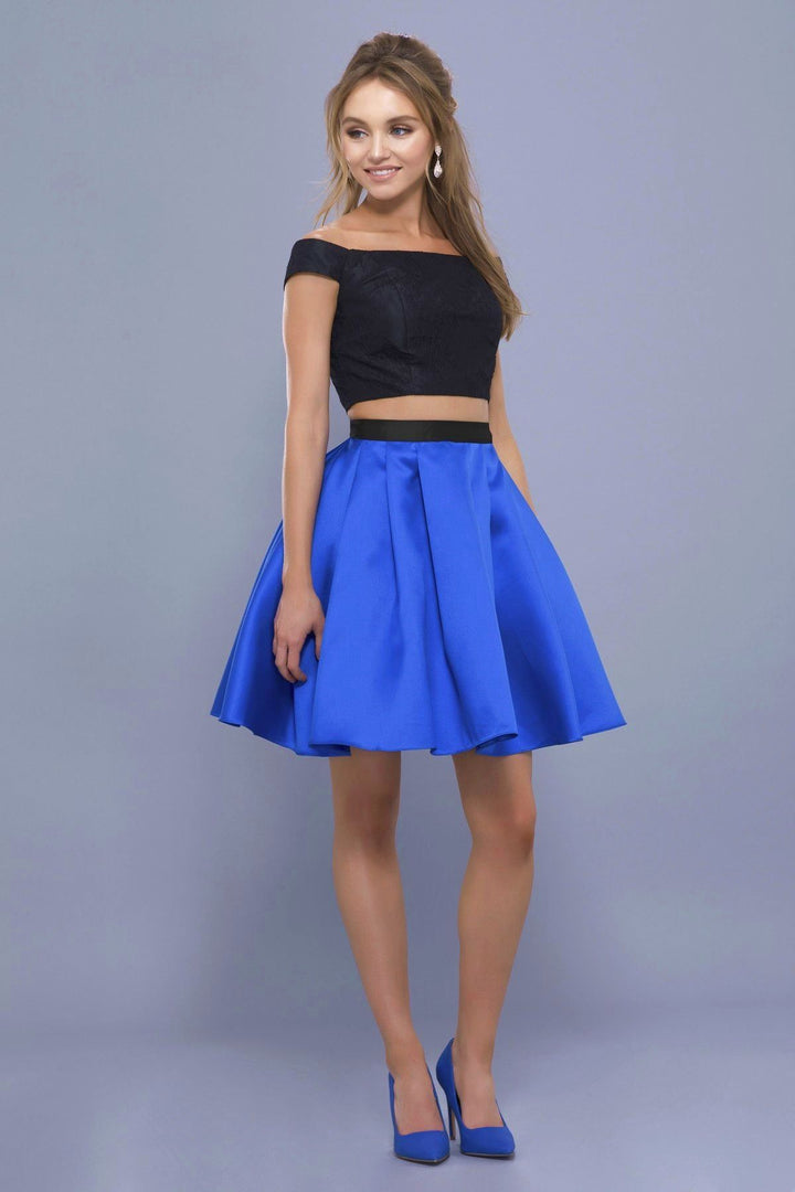 Short Two Piece Dress with Off the Shoulder Top by Nox Anabel 6336-Short Cocktail Dresses-ABC Fashion