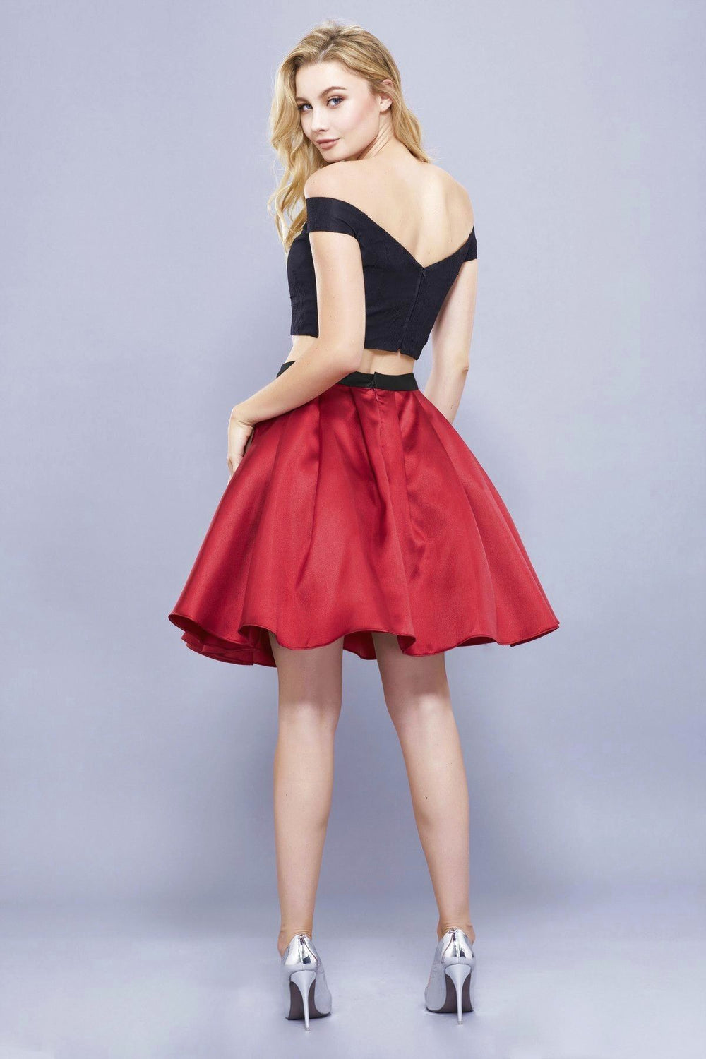 Short Two Piece Dress with Off the Shoulder Top by Nox Anabel 6336-Short Cocktail Dresses-ABC Fashion