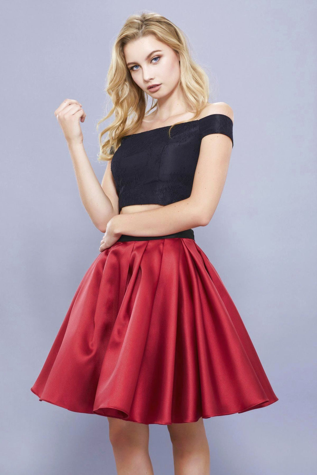 Short Two Piece Dress with Off the Shoulder Top by Nox Anabel 6336-Short Cocktail Dresses-ABC Fashion