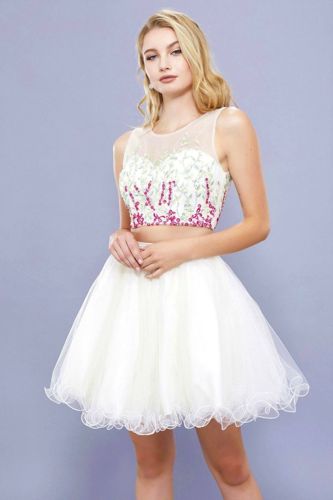 Short Two Piece Embroidered Ivory Dress by Nox Anabel 6352-Short Cocktail Dresses-ABC Fashion