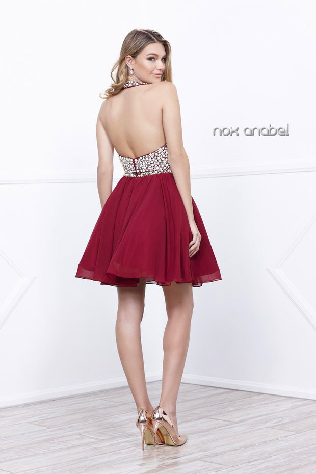 Short Two Piece Halter Dress with Beaded Top by Nox Anabel 6257-Short Cocktail Dresses-ABC Fashion