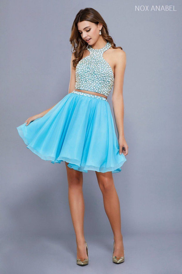 Short Two Piece Halter Dress with Beaded Top by Nox Anabel 6257