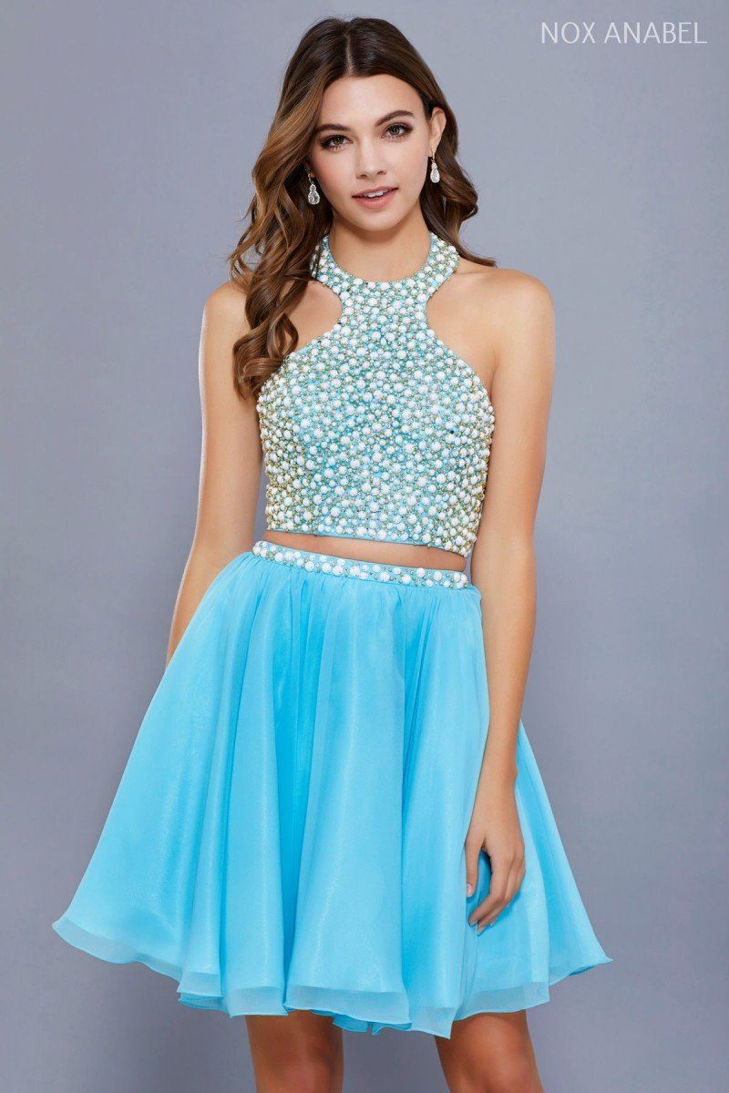 Short Two Piece Halter Dress with Beaded Top by Nox Anabel 6257-Short Cocktail Dresses-ABC Fashion