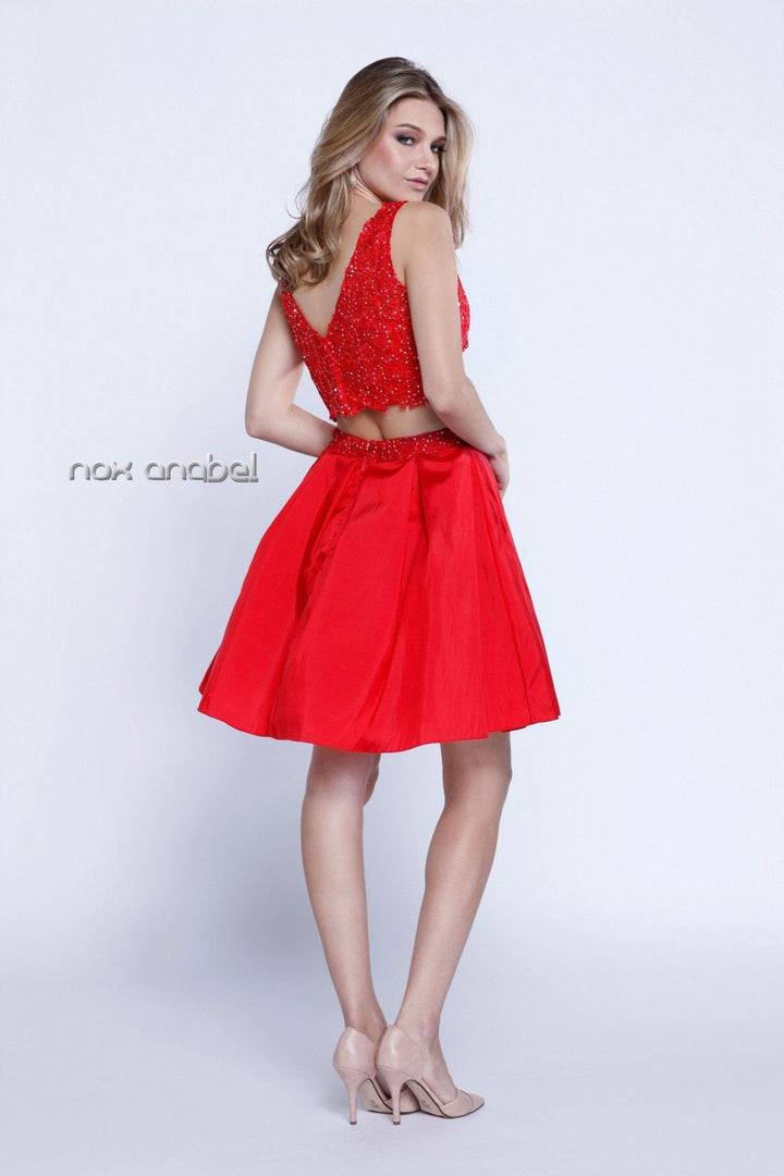 Short Two-Piece Lace-Bodice Dress by Nox Anabel 6054-Short Cocktail Dresses-ABC Fashion