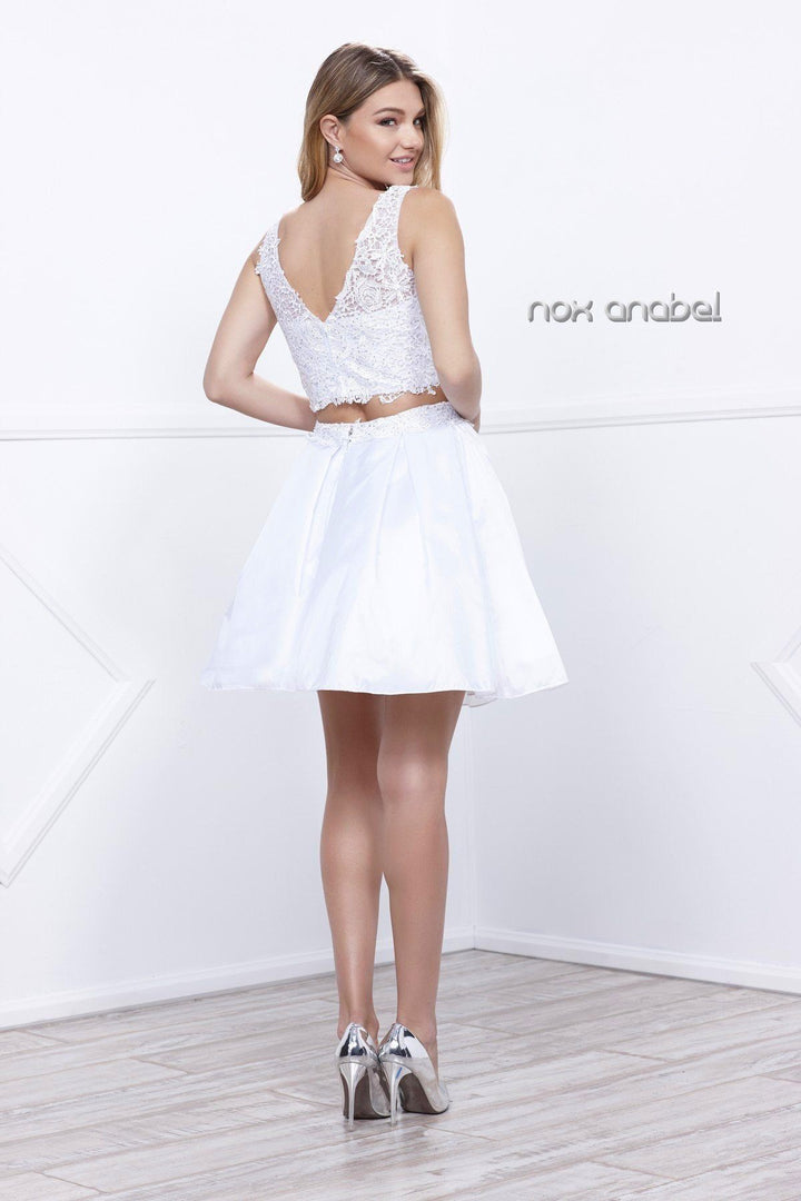 Short Two-Piece Lace-Bodice Dress by Nox Anabel 6054-Short Cocktail Dresses-ABC Fashion