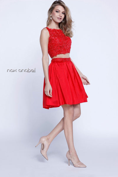 Short Two-Piece Lace-Bodice Dress by Nox Anabel 6054-Short Cocktail Dresses-ABC Fashion