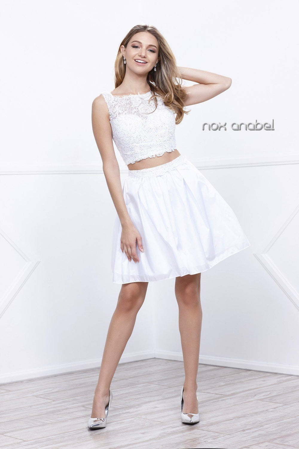 Short Two-Piece Lace-Bodice Dress by Nox Anabel 6054-Short Cocktail Dresses-ABC Fashion