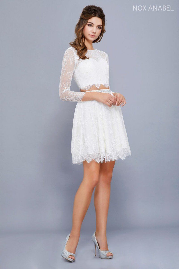 Short Two Piece Lace Dress with Long Sleeves by Nox Anabel 6268-Short Cocktail Dresses-ABC Fashion