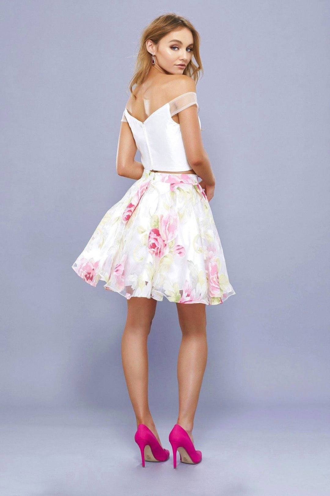 Short Two Piece Pink Floral Print Dress by Nox Anabel 6306-Short Cocktail Dresses-ABC Fashion