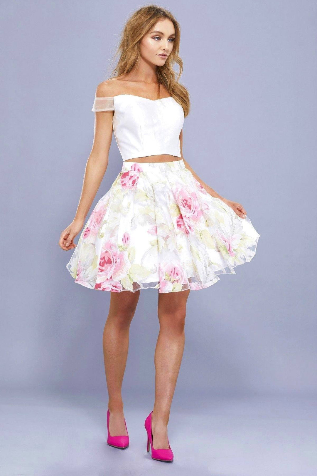 Short Two Piece Pink Floral Print Dress by Nox Anabel 6306-Short Cocktail Dresses-ABC Fashion