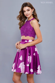 Short Two Piece Purple Floral Print Dress by Nox Anabel 6219-Short Cocktail Dresses-ABC Fashion