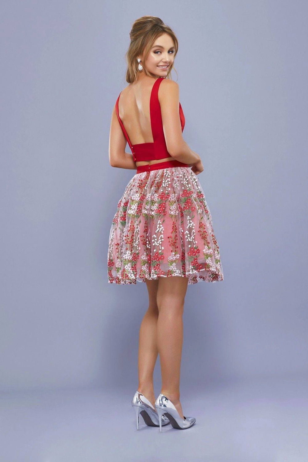 Short Two Piece Red Floral Embroidered Dress by Nox Anabel 6343-Short Cocktail Dresses-ABC Fashion