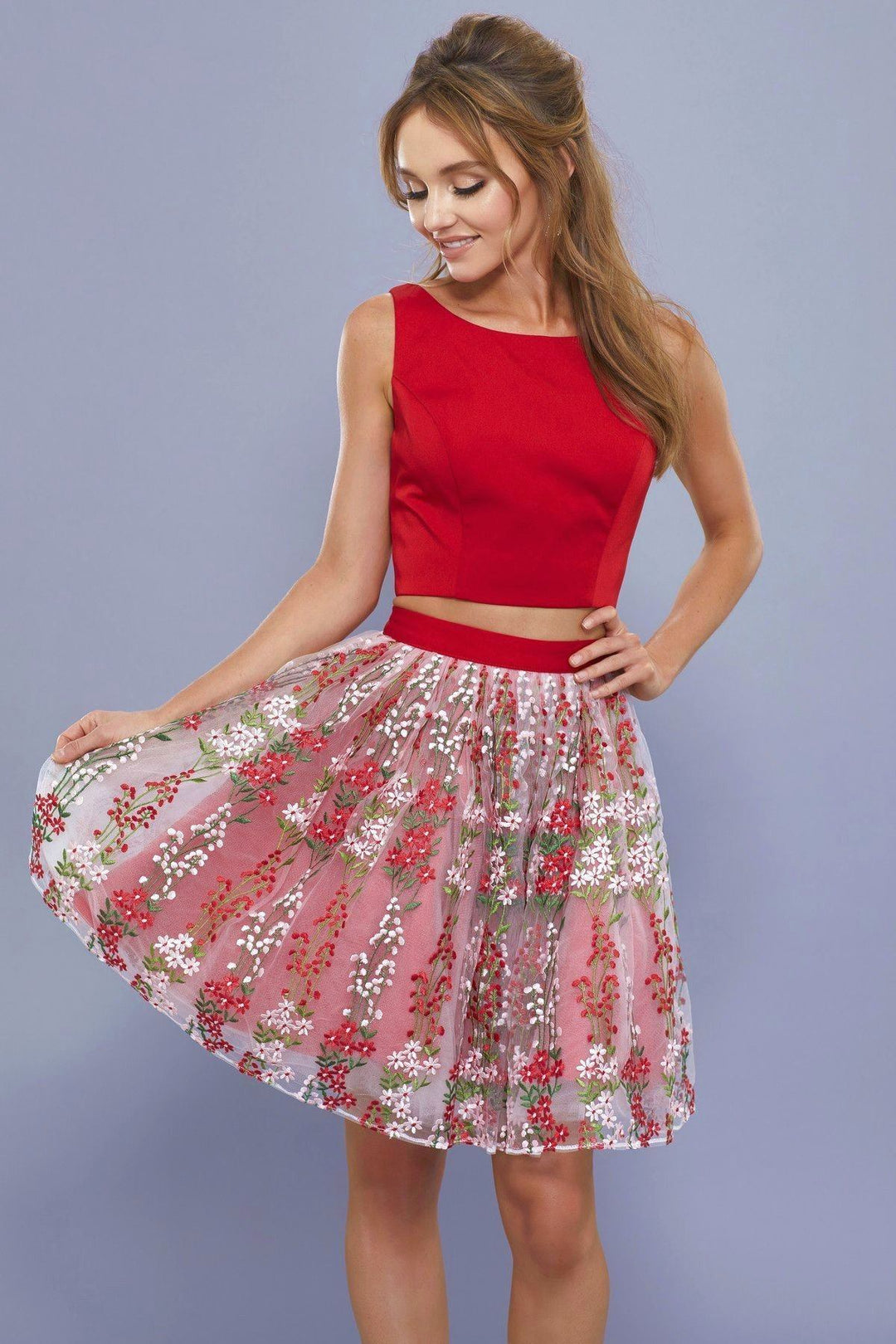 Short Two Piece Red Floral Embroidered Dress by Nox Anabel 6343-Short Cocktail Dresses-ABC Fashion