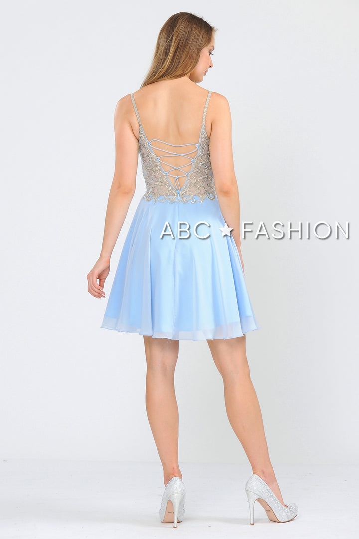 Short V-Neck Chiffon Dress with Corset Back by Poly USA 8434-Short Cocktail Dresses-ABC Fashion