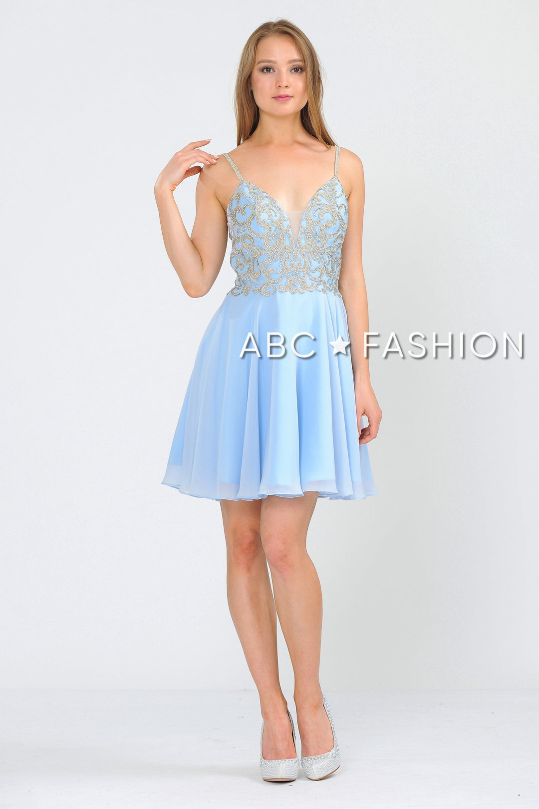 Short V-Neck Chiffon Dress with Corset Back by Poly USA 8434-Short Cocktail Dresses-ABC Fashion