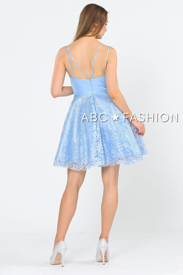 Short V-Neck Dress with A-line Lace Skirt by Poly USA 8418-Short Cocktail Dresses-ABC Fashion