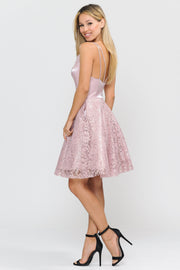 Short V-Neck Dress with A-line Lace Skirt by Poly USA 8418-Short Cocktail Dresses-ABC Fashion