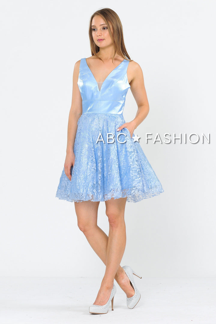 Short V-Neck Dress with A-line Lace Skirt by Poly USA 8418-Short Cocktail Dresses-ABC Fashion