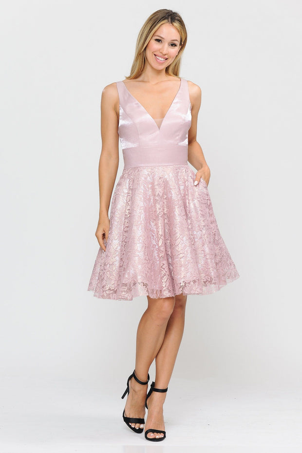 Short V-Neck Dress with A-line Lace Skirt by Poly USA 8418