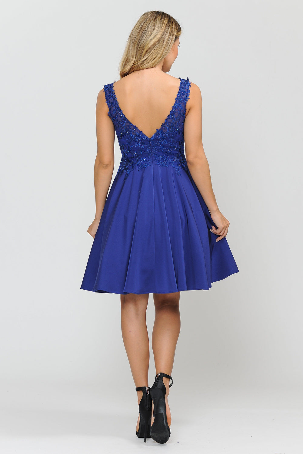 Short V-Neck Dress with Appliqued Top by Poly USA 8370-Short Cocktail Dresses-ABC Fashion