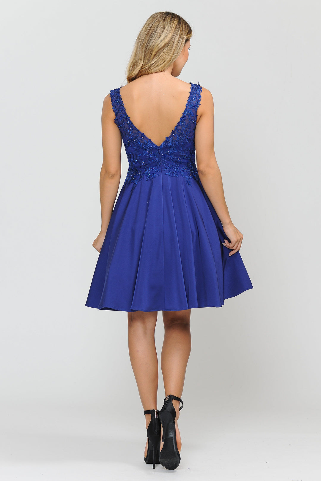 Short V-Neck Dress with Appliqued Top by Poly USA 8370-Short Cocktail Dresses-ABC Fashion