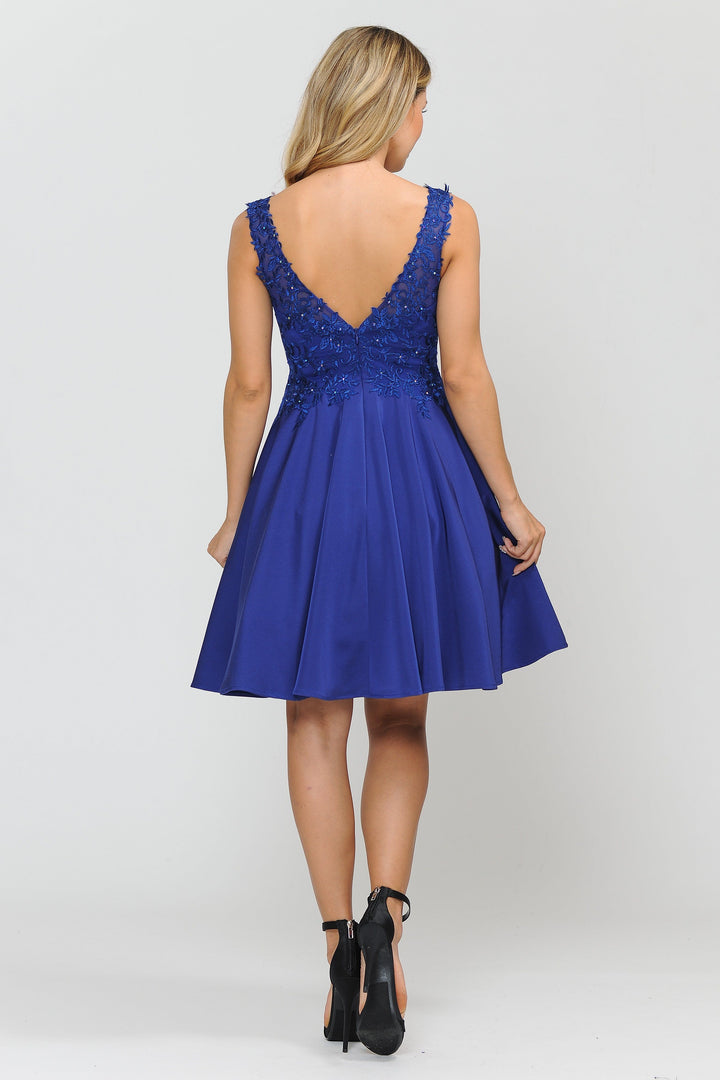 Short V-Neck Dress with Appliqued Top by Poly USA 8370-Short Cocktail Dresses-ABC Fashion