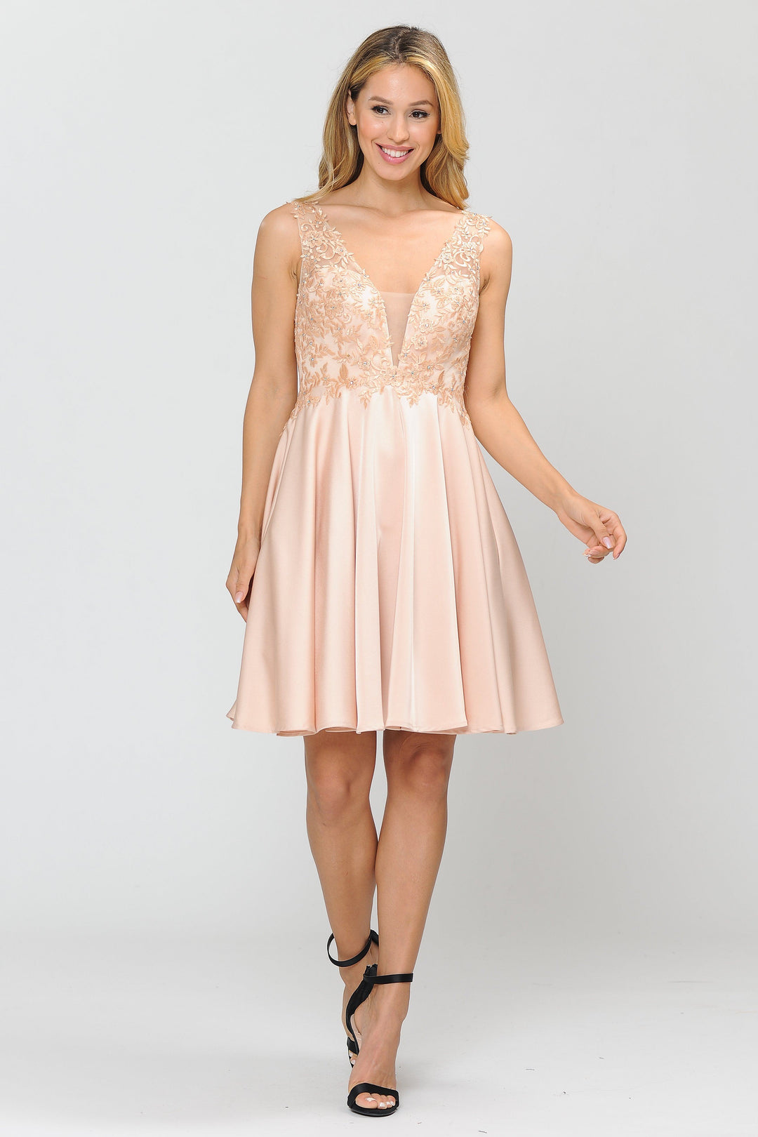 Short V-Neck Dress with Appliqued Top by Poly USA 8370-Short Cocktail Dresses-ABC Fashion