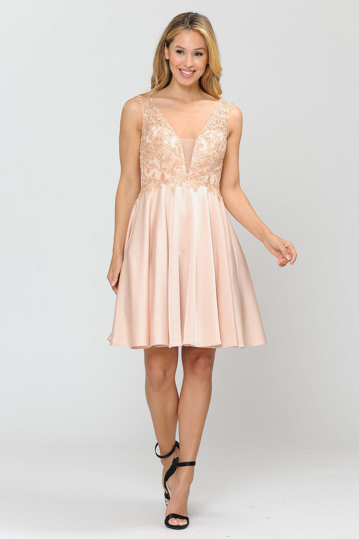 Short V-Neck Dress with Appliqued Top by Poly USA 8370-Short Cocktail Dresses-ABC Fashion