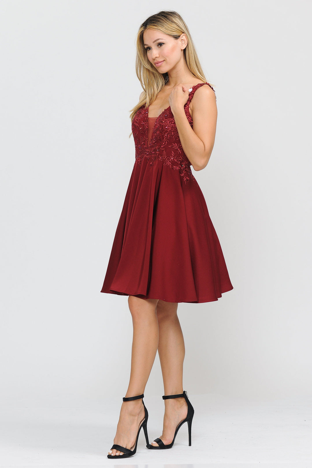 Short V-Neck Dress with Appliqued Top by Poly USA 8370-Short Cocktail Dresses-ABC Fashion