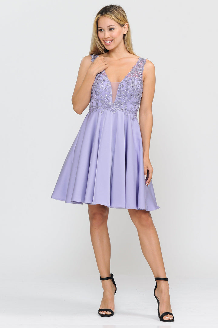 Short V-Neck Dress with Appliqued Top by Poly USA 8370-Short Cocktail Dresses-ABC Fashion