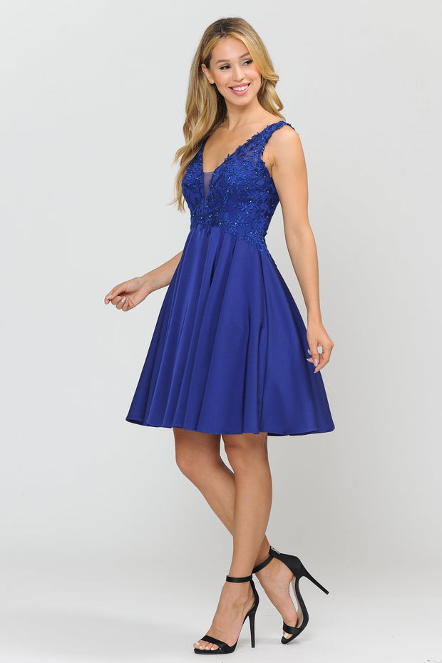 Short V-Neck Dress with Appliqued Top by Poly USA 8370-Short Cocktail Dresses-ABC Fashion
