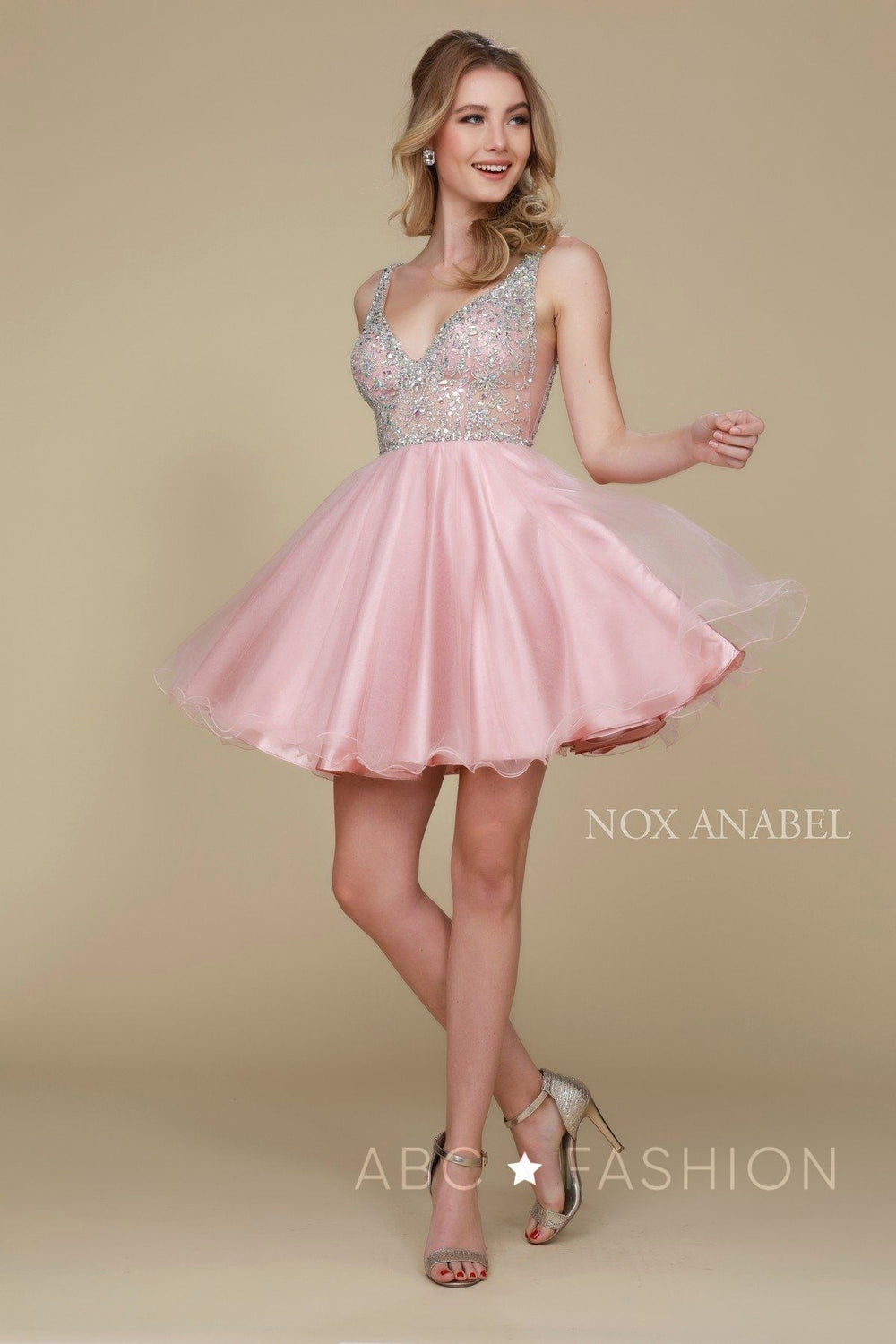 Short V-Neck Dress with Beaded Bodice by Nox Anabel G637-Short Cocktail Dresses-ABC Fashion