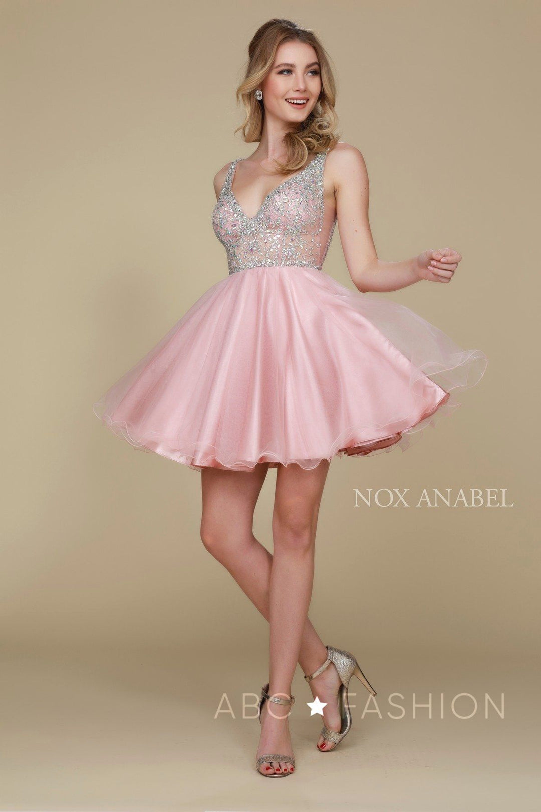 Short V-Neck Dress with Beaded Bodice by Nox Anabel G637-Short Cocktail Dresses-ABC Fashion