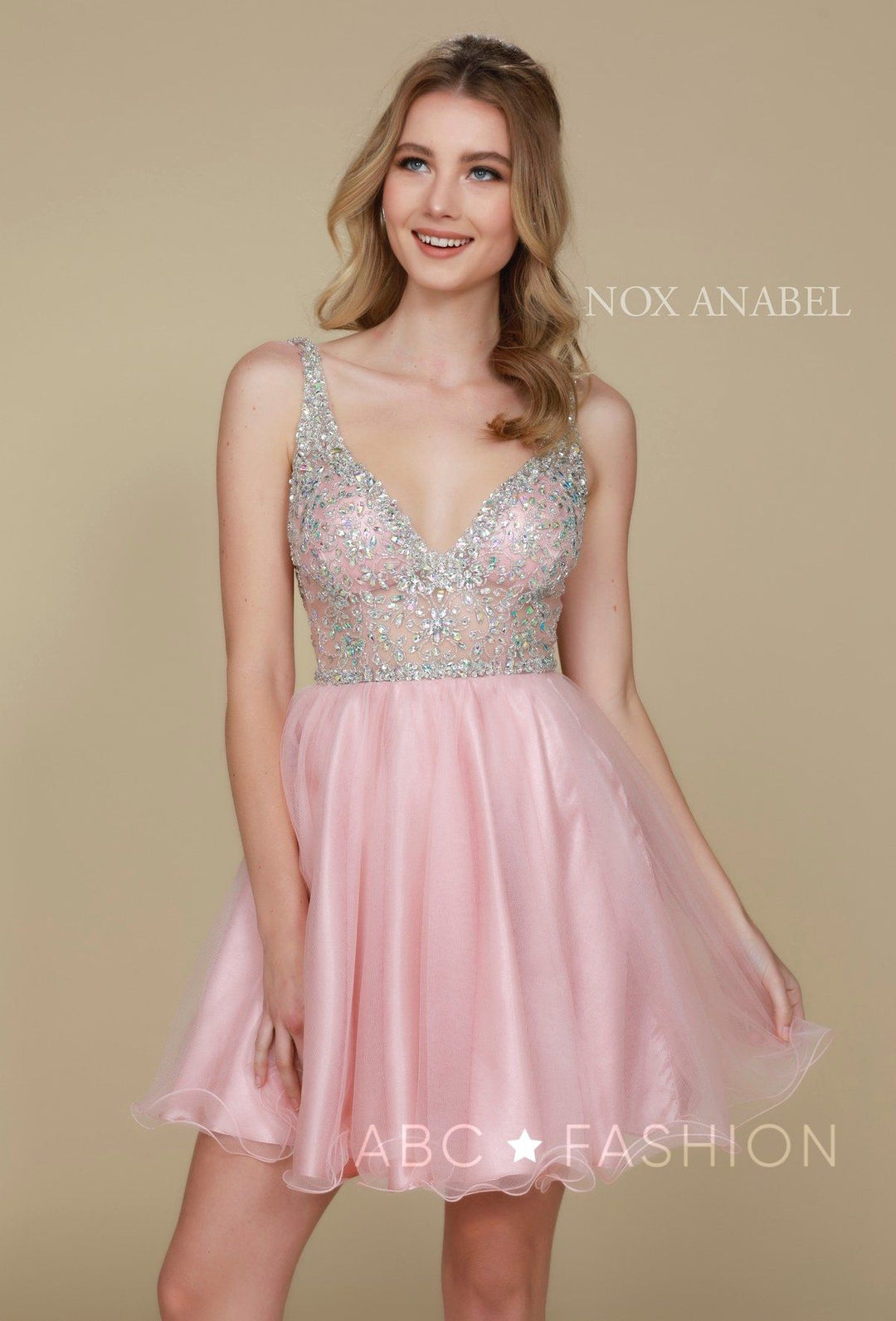 Short V-Neck Dress with Beaded Bodice by Nox Anabel G637-Short Cocktail Dresses-ABC Fashion