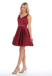 Short V-Neck Dress with Box Pleated Skirt by Celavie 5018-Short Cocktail Dresses-ABC Fashion