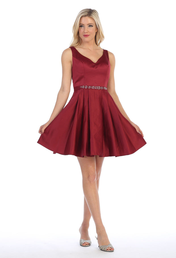 Short V-Neck Dress with Box Pleated Skirt by Celavie 5018-Short Cocktail Dresses-ABC Fashion