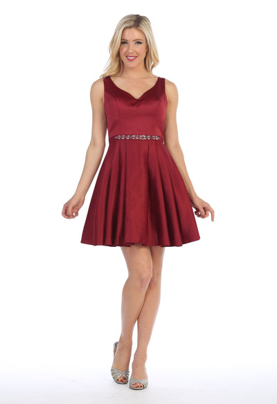 Short V-Neck Dress with Box Pleated Skirt by Celavie 5018-Short Cocktail Dresses-ABC Fashion