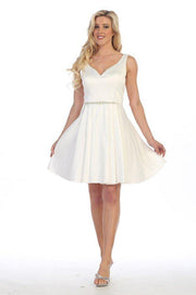 Short V-Neck Dress with Box Pleated Skirt by Celavie 5018-Short Cocktail Dresses-ABC Fashion